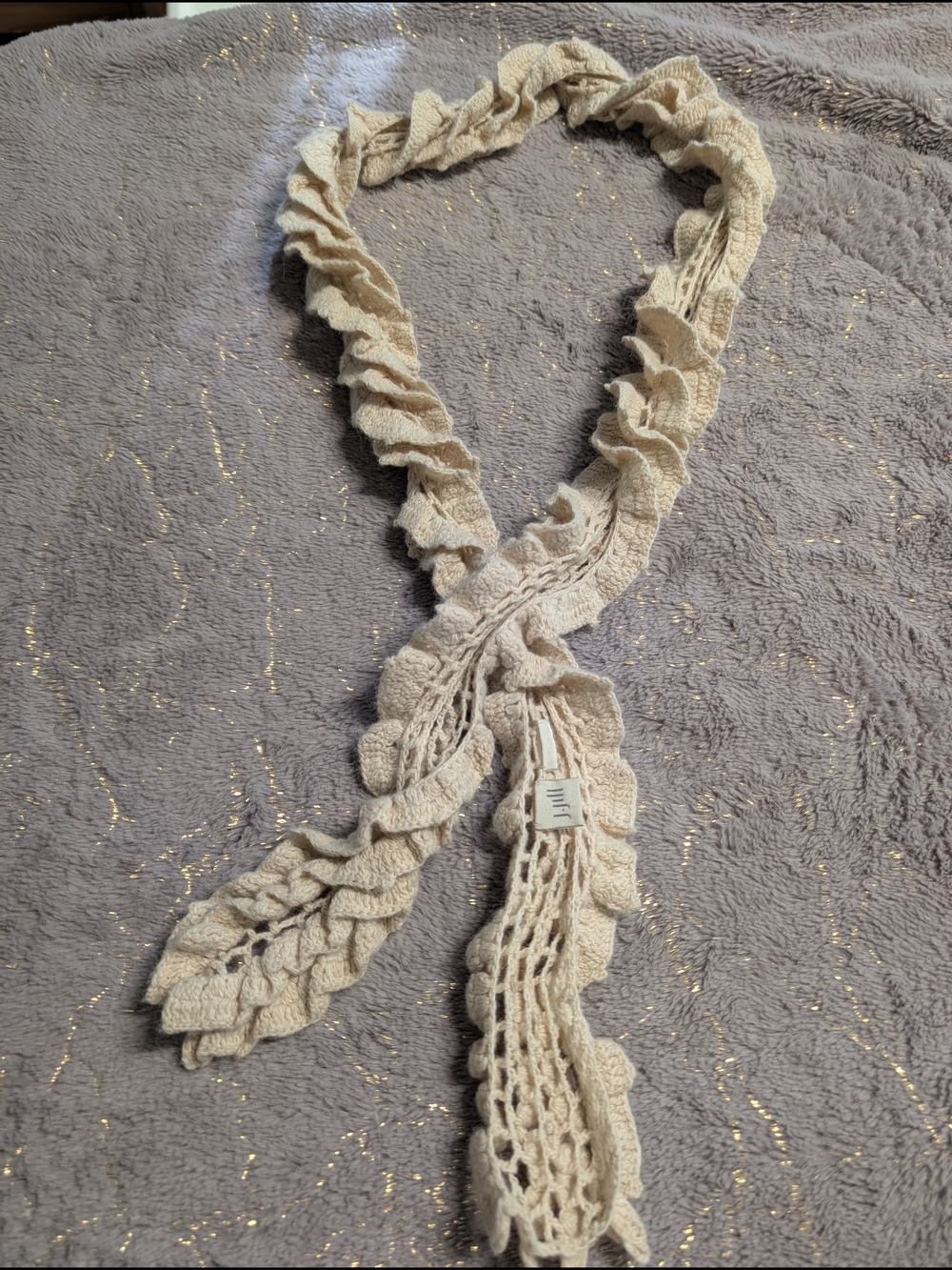 J Jill Cream Crochet Ruffle Scarf Dainty Fairy Cottagecore Boho Lagenlook Layer